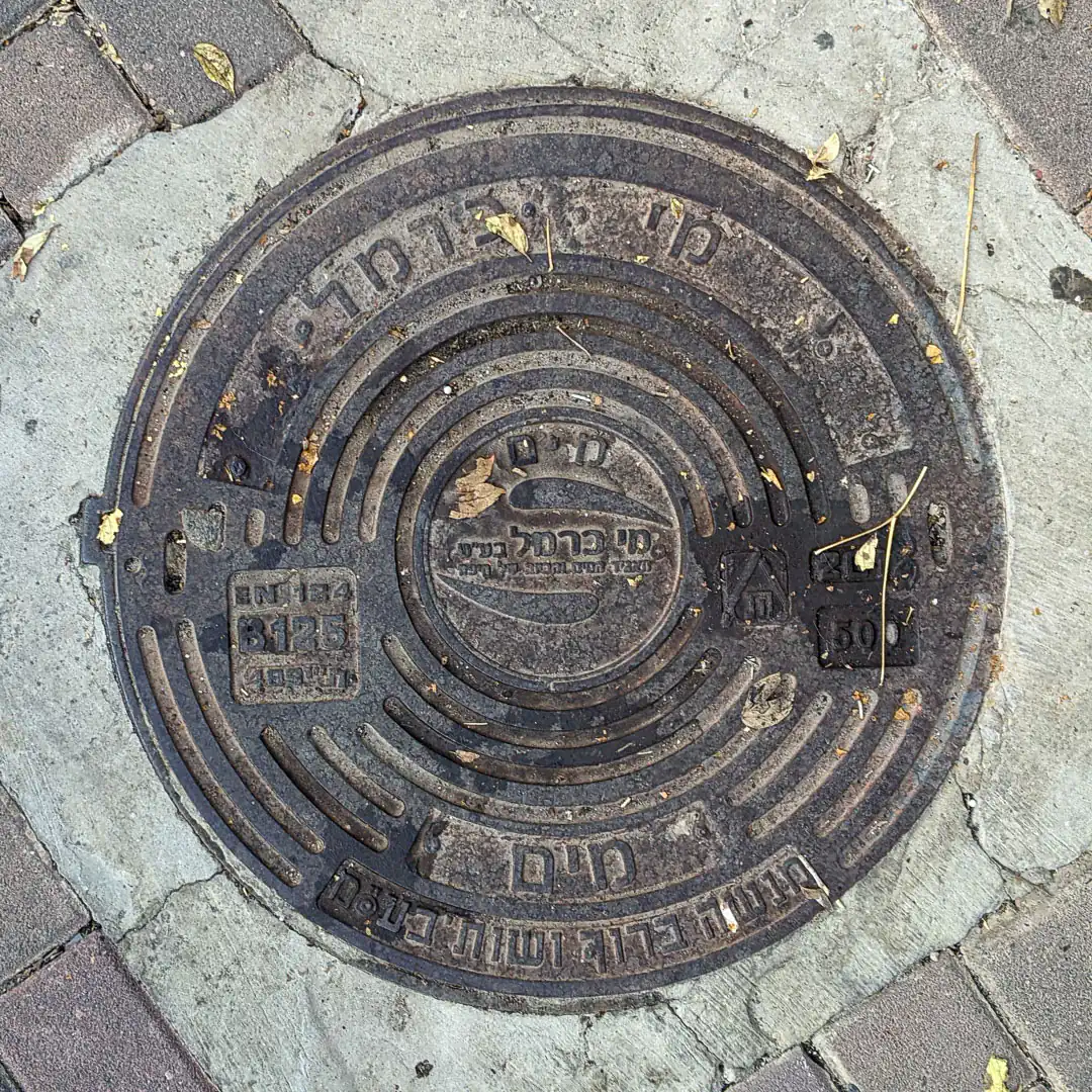 Water Manhole Cover by Menashe Baruch in Haifa, Israel. Photo by Yuri Matrosovich